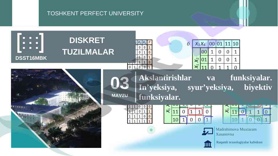 Diskret tuzilmalar mavzusi va funksiyalari