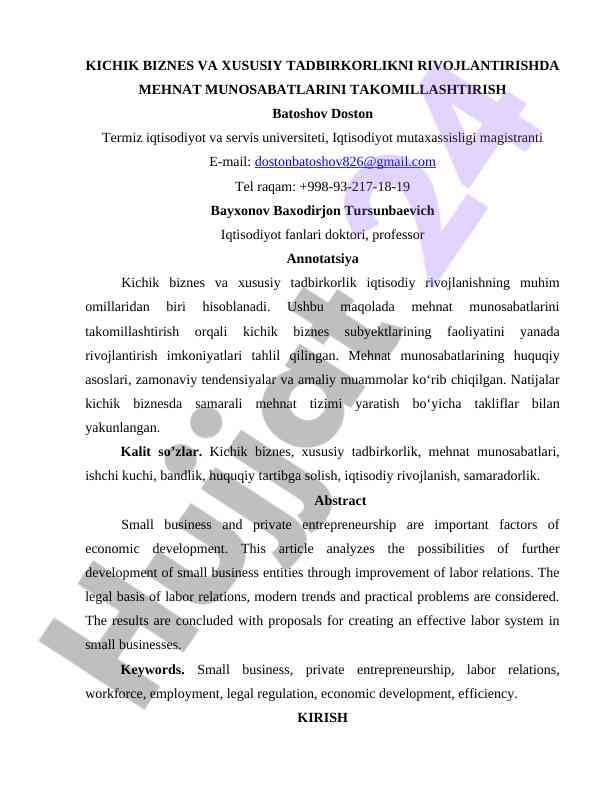 Kichik Biznes Va Xususiy Tadbirkorlikni Rivojlantirish
