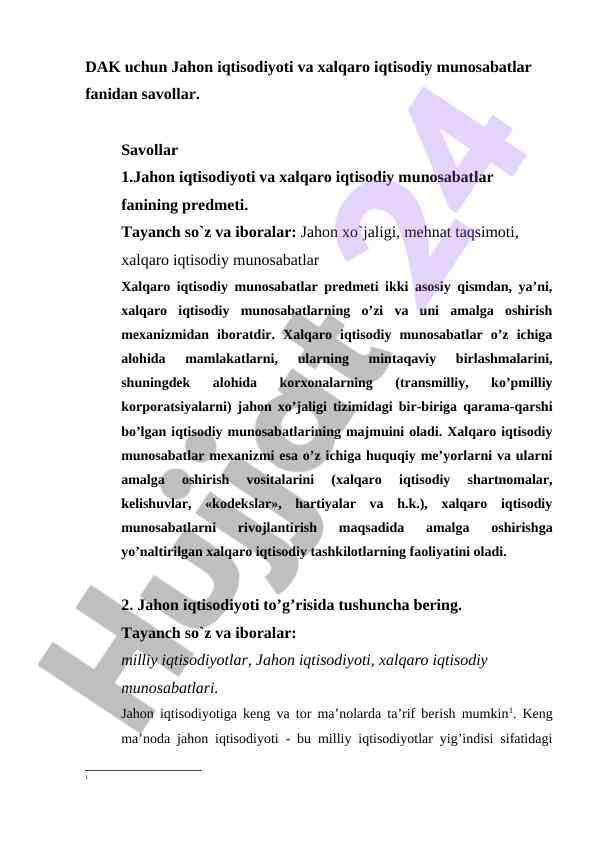 Jahon iqtisodiyoti va xalqaro iqtisodiy munosabatlar savollari