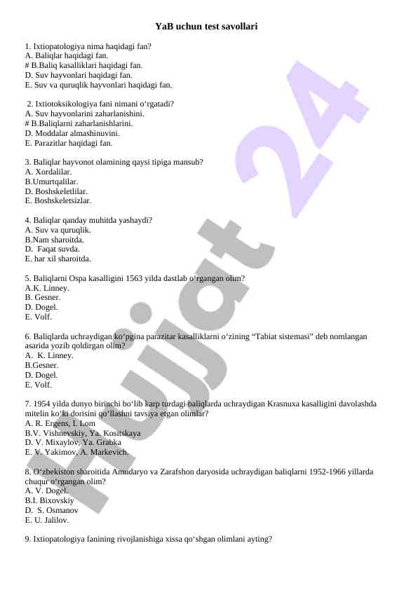 Ixtiopatologiya va ixtiotoksikologiya test savollari
