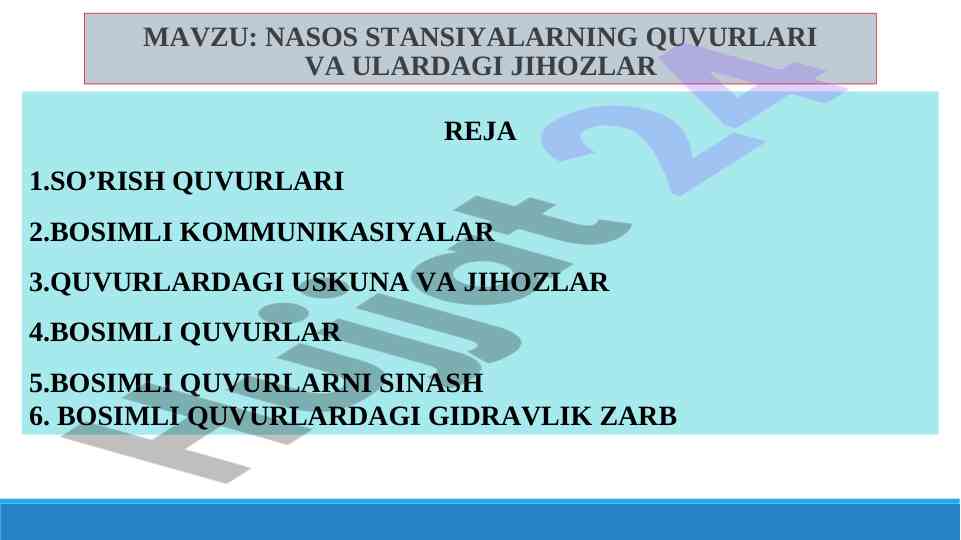 Nasos stansiyalarining quvurlari va ularning jihozlari