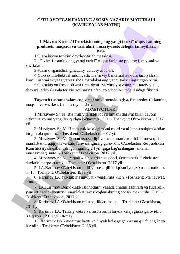 Eng yangi tarix o‘quv fanining asosiy nazariy materiali