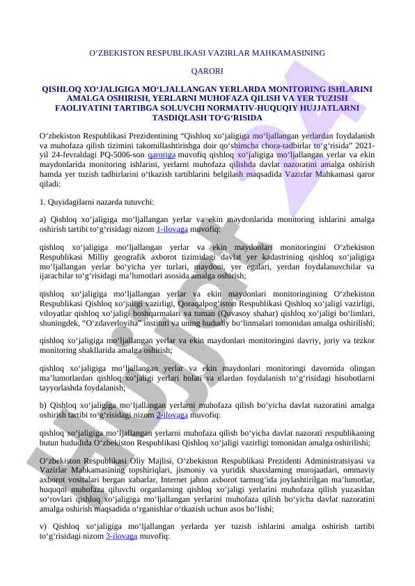 Qishloq xo‘jaligiga mo‘ljallangan yerlarda monitoring