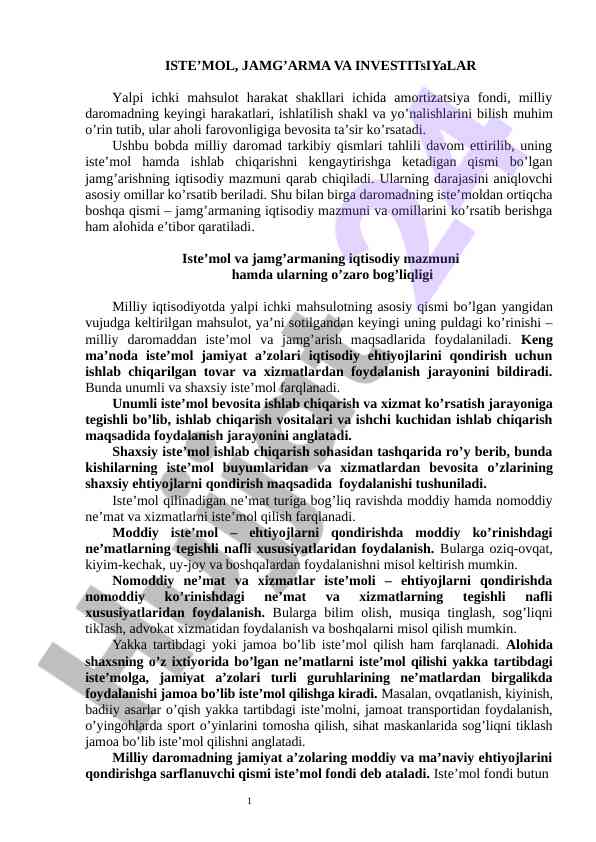 Iste’mol va jamg’arma tahlili yalpi ichki mahsulotda