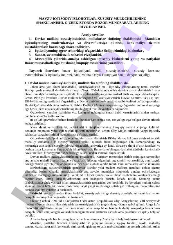 Iqtisodiy islohotlar va xususiy mulkchilik rivoji
