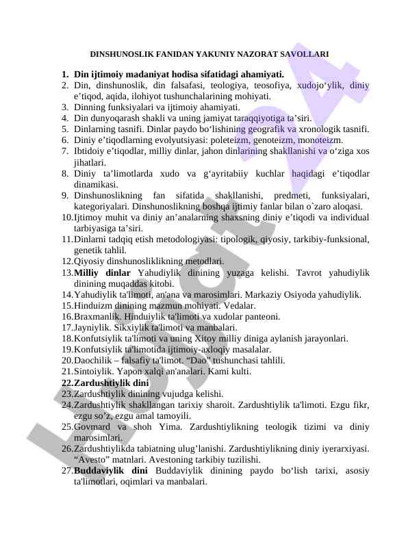 Dinshunoslik fanidan yakuniy nazorat savollari