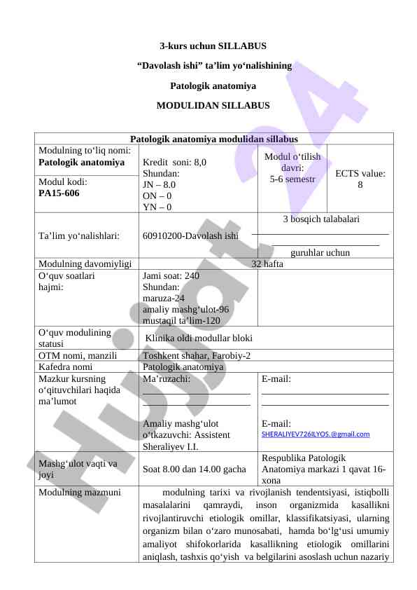 Davolash ishi patologik anatomiya modul sillabusi