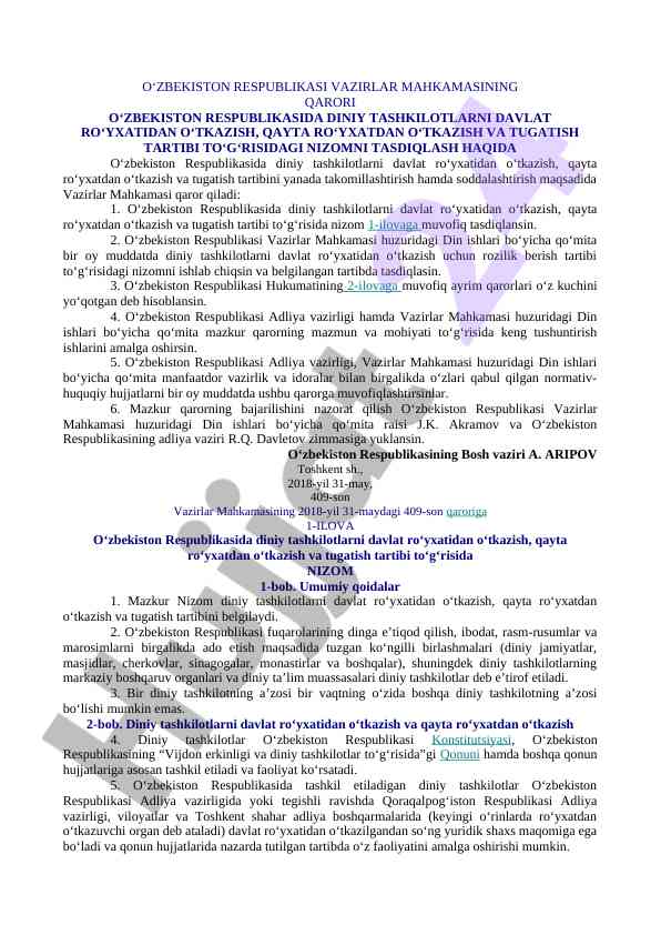 Diniy tashkilotlarni davlat ro‘yxatidan o‘tkazish tartibi