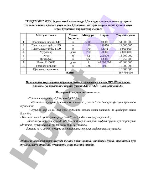Sugorish texnologiyasi uchun materiallar xarajatlari