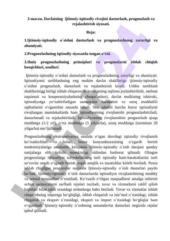 Ijtimoiy-iqtisodiy rivojlanishni dasturlash va prognozlash