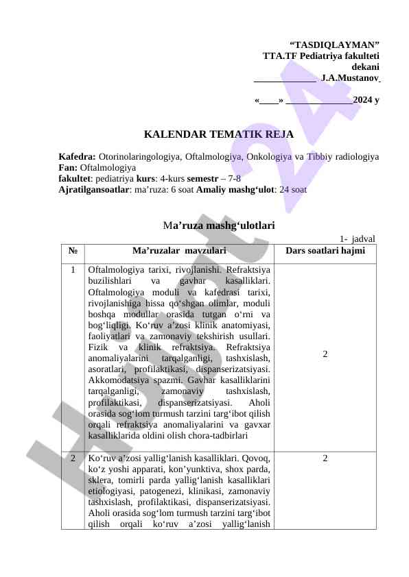 Oftalmologiya fanida kalendar tematik reja