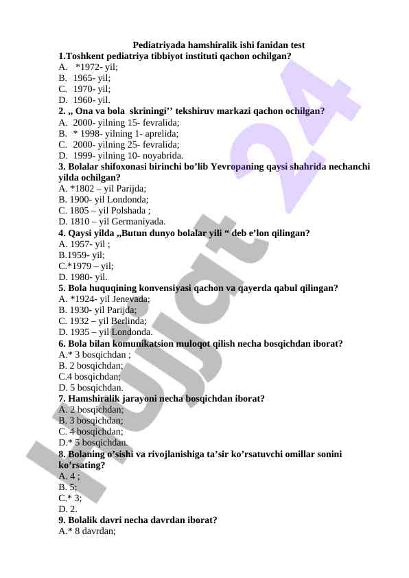 Pediatriya hamshiralik ishidan test savollari