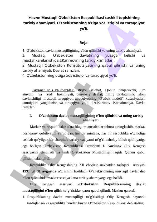 Mustaqil o‘zbekiston respublikasi tarixi va ahamiyati