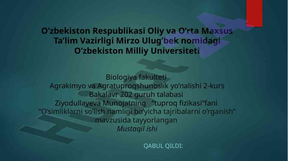 O’simliklarni so’lish namligi tajribalari tadqiqoti