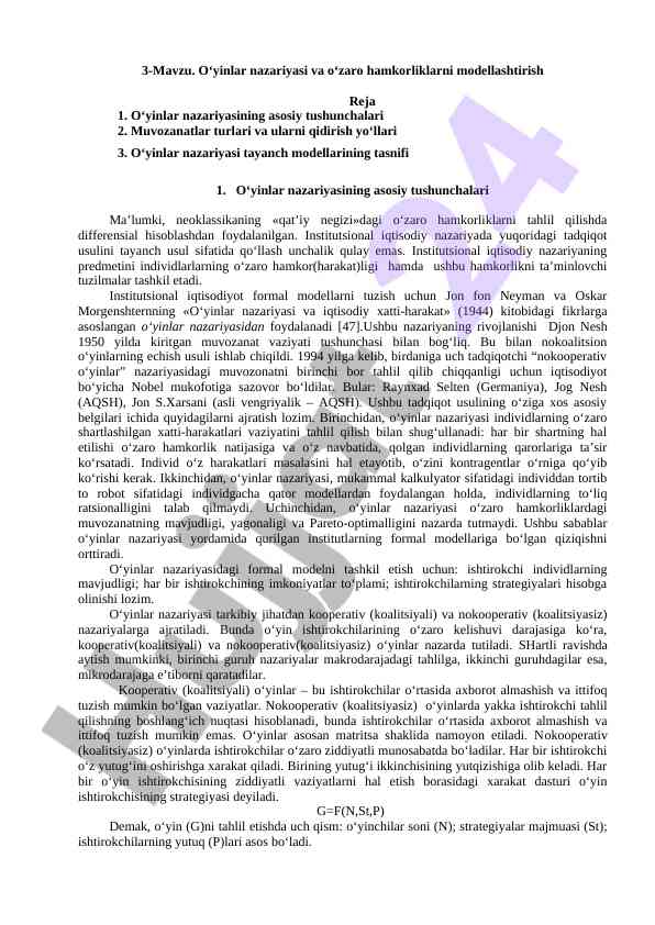 O‘yinlar nazariyasi va o‘zaro hamkorliklarni modellashtirish