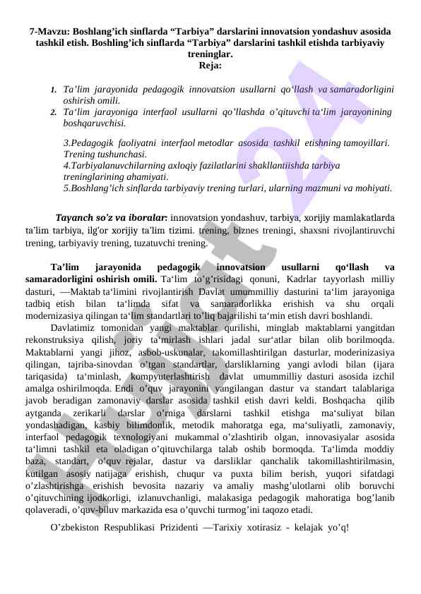 Boshlang’ich sinflarda tarbiya darslarini tashkil etish