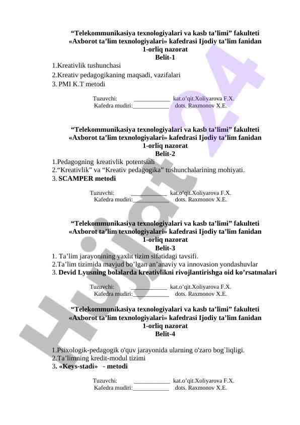 Ijodiy ta’lim fanidan nazorat ishlari
