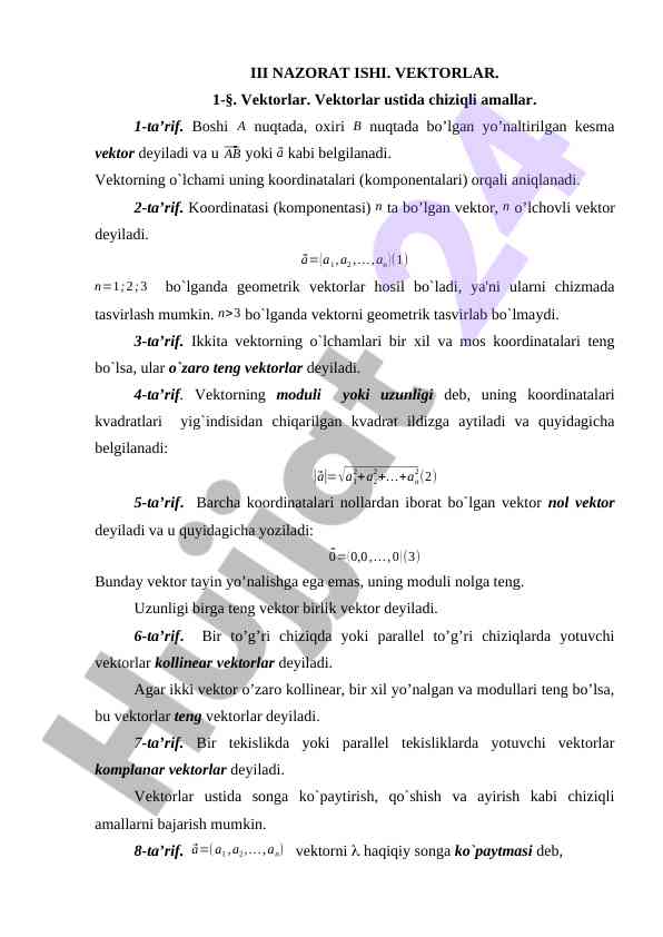 Vektorlar ustida chiziqli amallar bo'yicha nazorat ishlari