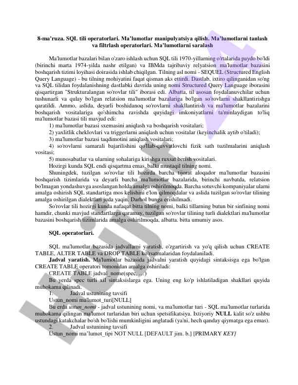 Sql tili operatorlari va ma'lumotlarni manipulyatsiya