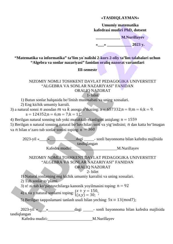 Algebra va sonlar nazariyasi oraliq nazorat varianti