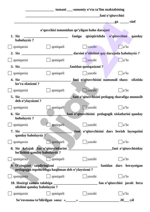 O‘qituvchi baholash testi savollari