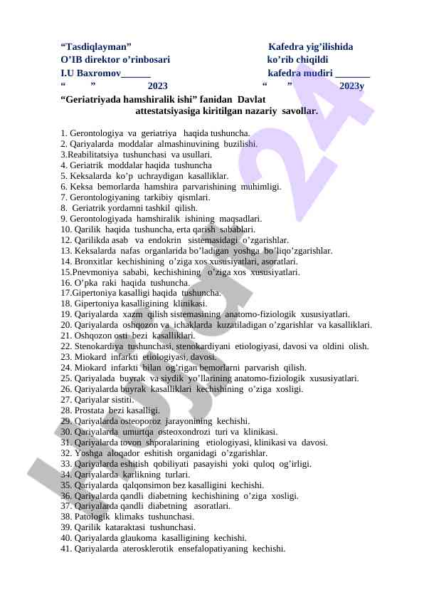 Geriatriyada hamshiralik ishi nazariy savollar