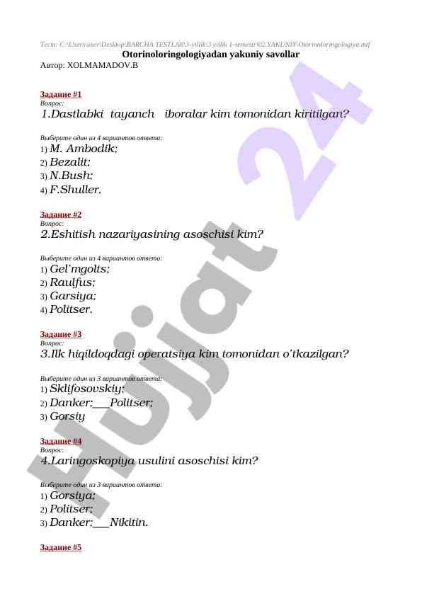 Otorinoloringologiya yakuniy savollar testi