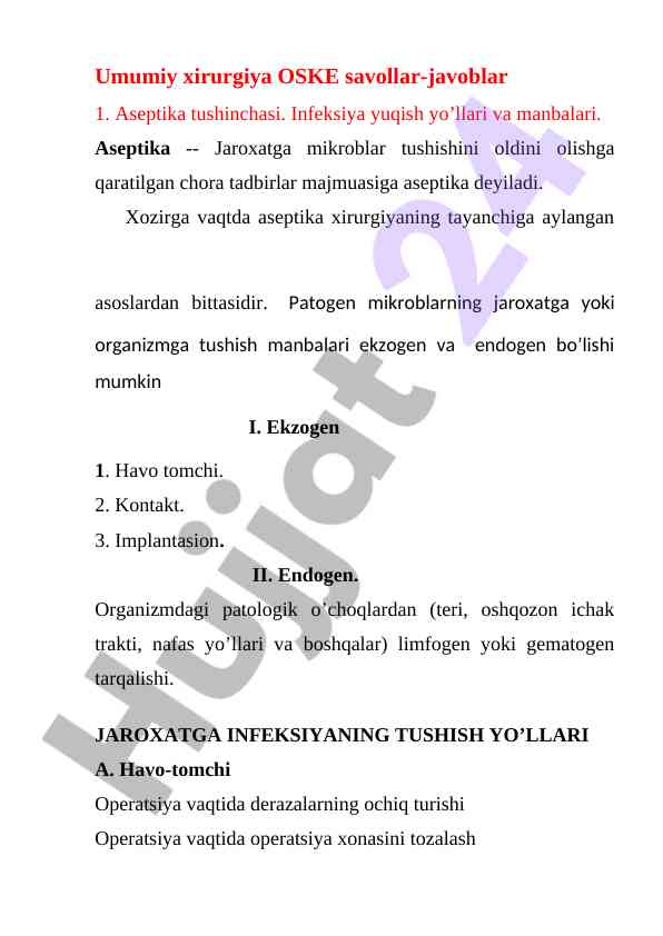 Umumiy xirurgiya: aseptika va infeksiya tushunchalari