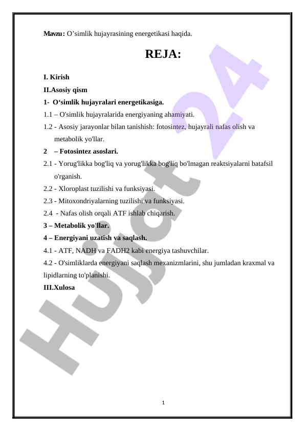 O’simlik hujayrasining energetikasi haqida ma'lumotlar