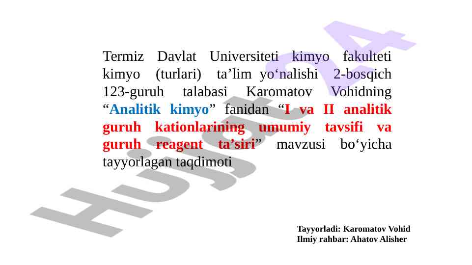 Analitik kimyo ta’lim yo‘nalishidagi kationlar taqdimoti