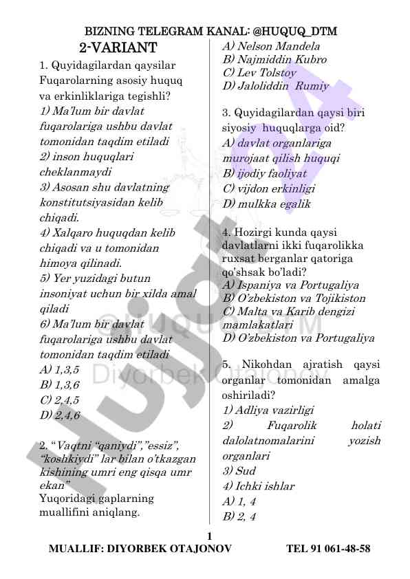 Fuqarolarning huquqlari va erkinliklari testi