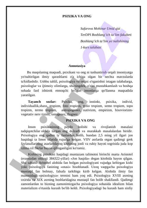 Psixika va ong tushuntirish tahlili