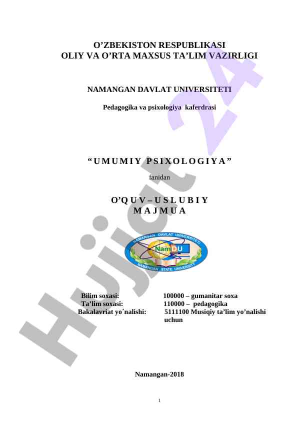 Umumiy psixologiya fanidan o‘quv uslubiy majmua