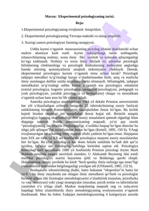Eksperimental psixologiyaning tarixi va metodlari