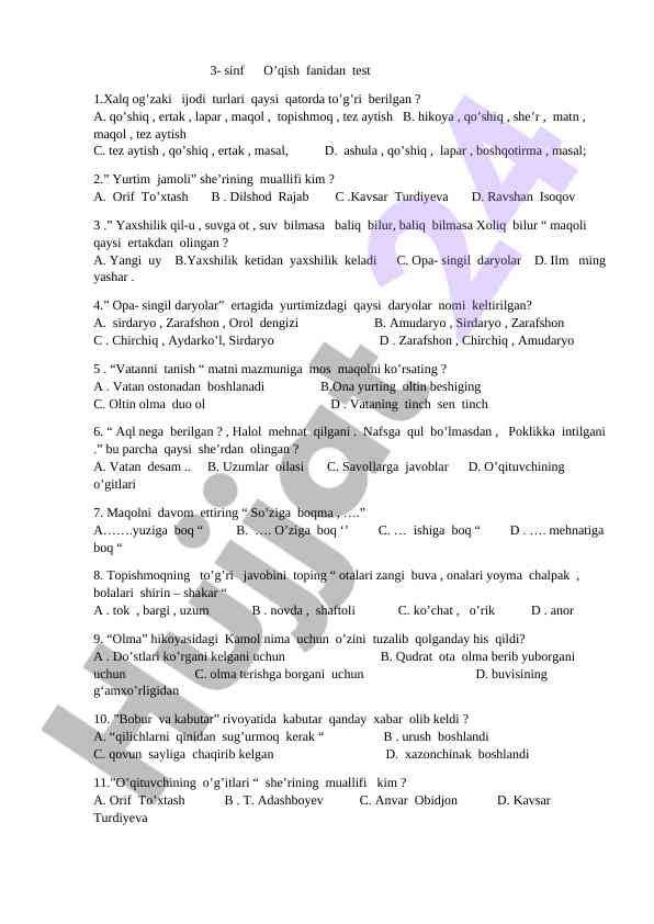 3-sinf o‘qish fanidan test savollari