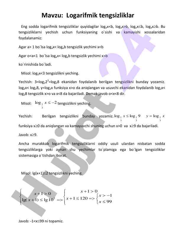 Logarifmik tengsizliklar yechish usullari