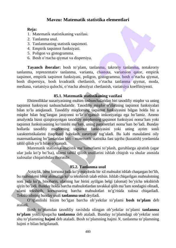 Matematik statistika elementlari bo'yicha o'quv qoidalari