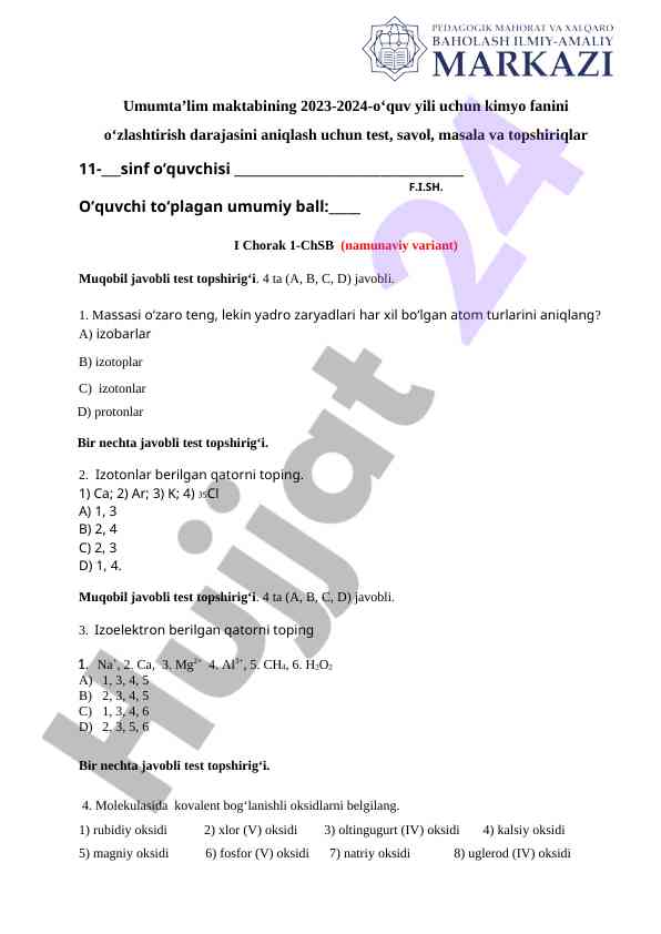 Kimyo fanidan o‘quv yoshlariga mo‘ljallangan testlar