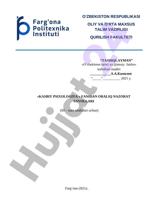 Kasbiy psixologiya fanidan oraliq nazorat savollari
