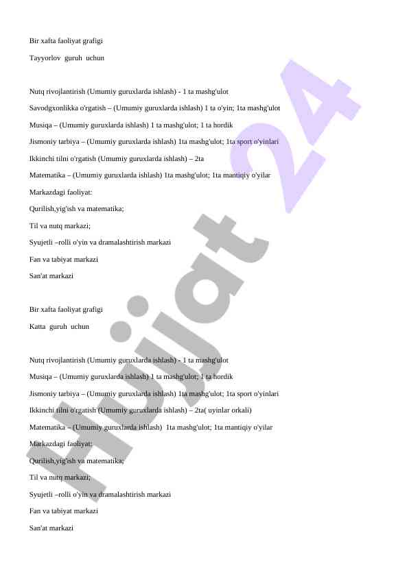 Bir xafta faoliyat grafigi uchun o'quv mashg'ulotlari