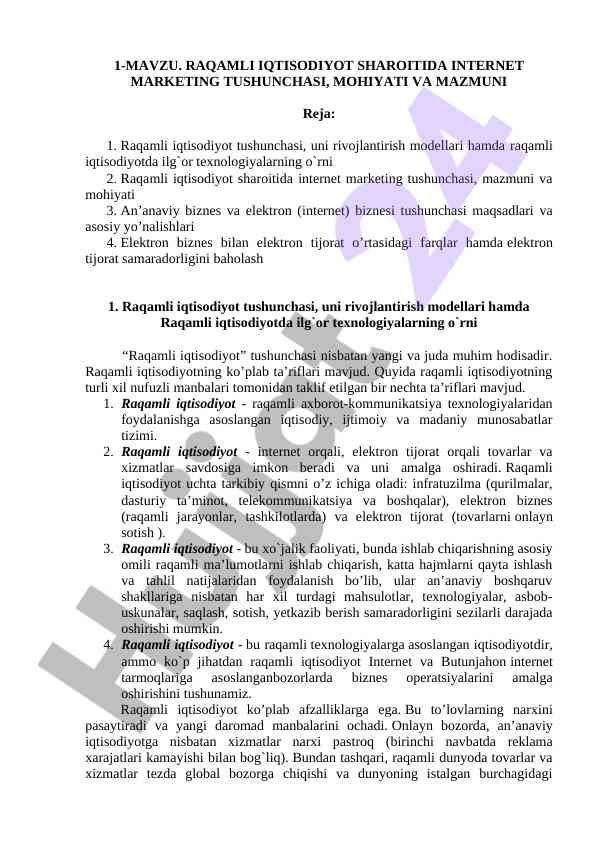 Raqamli iqtisodiyot va internet marketing tushunchalari