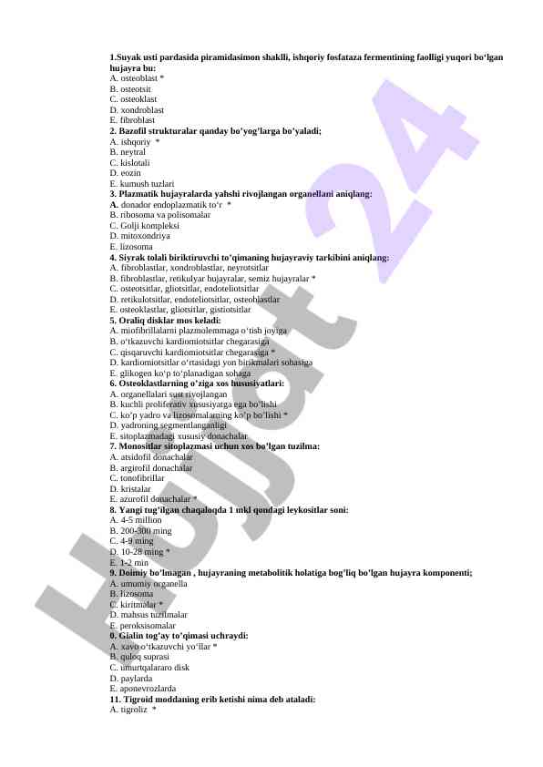 Hujayra faolligi va tuzilishi bilan bog‘liq testlar