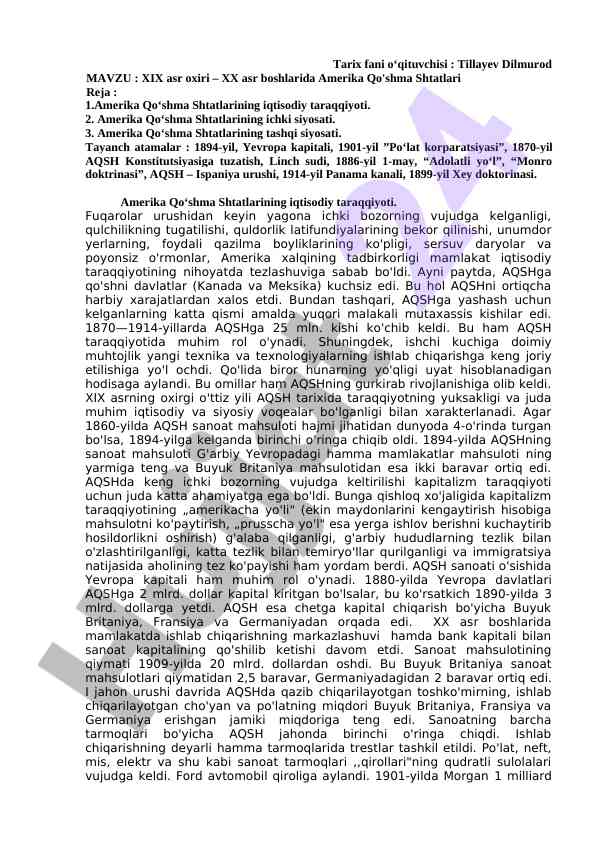 Amerika qo'shma shtatlarining iqtisodiy taraqqiyoti