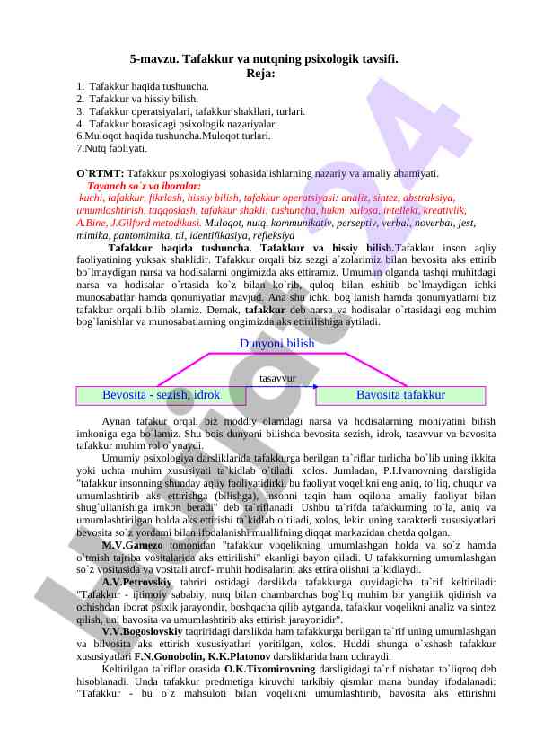 Tafakkur va nutqning psixologik tavsifi