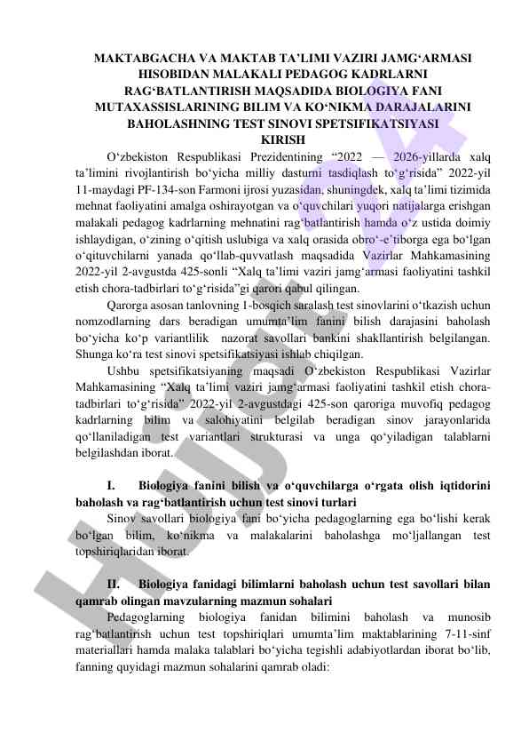 Malakali pedagog kadrlarni baholash test sinovi