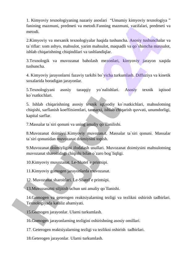 Kimyoviy texnologiyaning nazariy asoslari tahlili