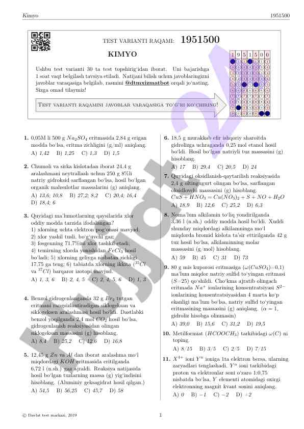 Kimyo test varianti raqqami 1951500