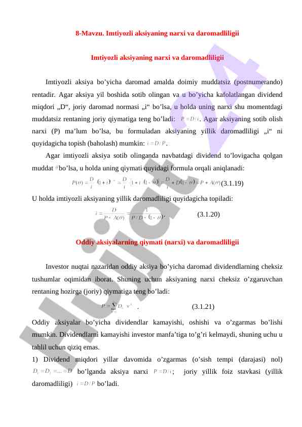 Imtiyozli aksiyaning narxi va daromadliligii