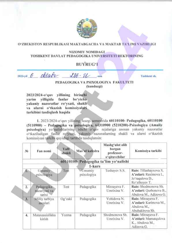 Yakuniy nazoratlar ro'yxati va o'tkazish shakllari
