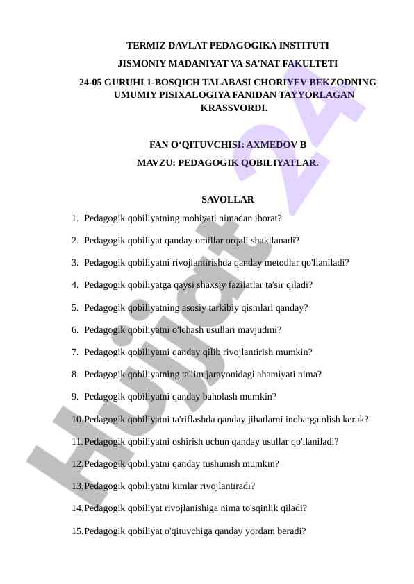 Pedagogik Qobiliyatlar Haqida Krassvord